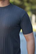 Erkek Bisiklet Yaka örgü Desenli Kısa örme Triko Kısa Kollu T-shirt resmi